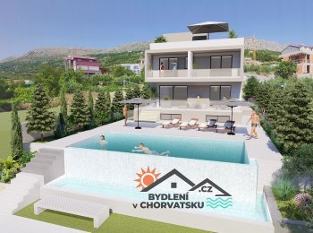 Vila s bazénem a pohledem na ostrovy u Splitu 